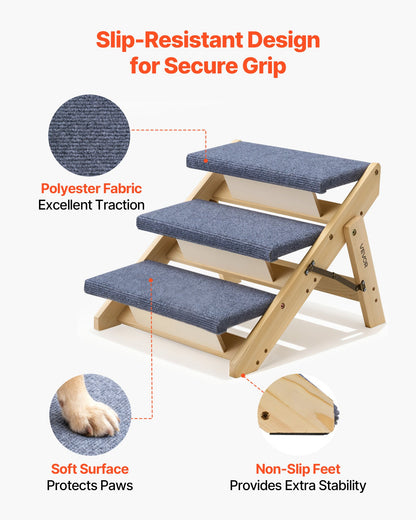 Wood Pet Stairs, 3-Step Dog Stairs for Beds, Sofa & Cars, 68 kg Load