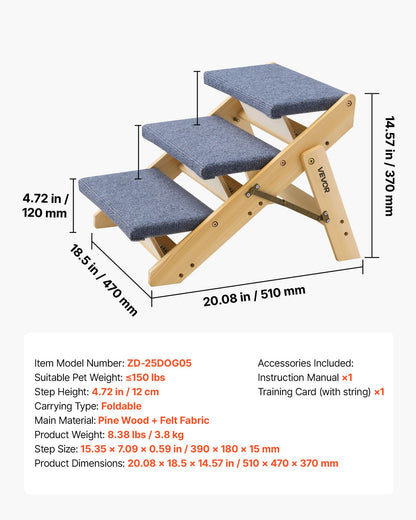 Wood Pet Stairs, 3-Step Dog Stairs for Beds, Sofa & Cars, 68 kg Load